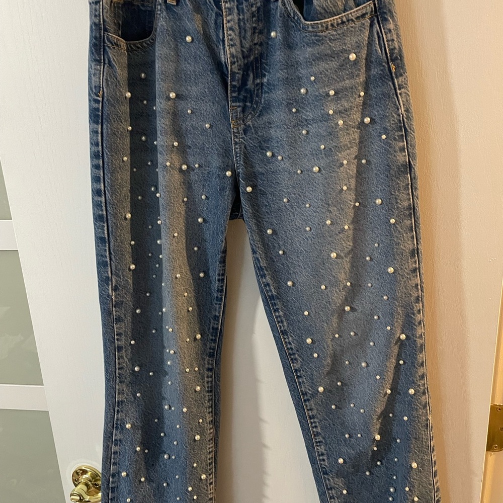 Zara Blue Pearl-Studded Straight Leg Jeans